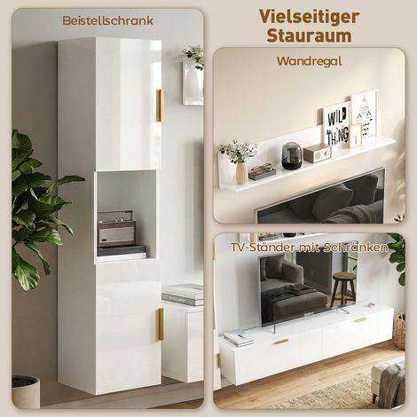 Meuble TV mural blanc brillant 180 cm avec portes battantes, étagère multimédia suspendue, rangement pour salon. (1/4)