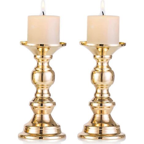 Ensemble de 2 bougeoirs colonnes en métal doré, centre de table pour bougies de 50 mm avec support, décoration pour mariage ou fête. (1/5)