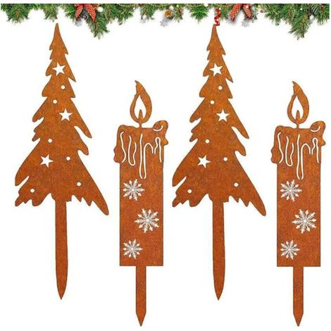 4pcs Bougies en Forme de Sapin de Noël Rouillé Décoration de Jardin en Rouille,Patine Rouille Naturelle,Décoration de Noël (1/4)