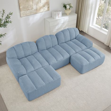 Canapé Modulable en U 3 Places avec 2 Ottomans, Canapé Sans Structure en Mousse Haute Densité 32D, Assise Profonde et Confortable, Tissu Doux, pour Salon et Appartement, Bleu (1/5)