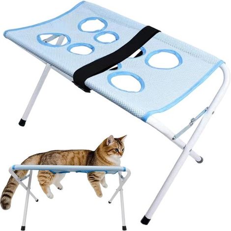 Table de toilettage pliable avec plateforme aérée à 8 trous, idéale pour les chats et les petits chiens (coupe des griffes, détartrage, lavage). Couleur : bleue. (1/3)