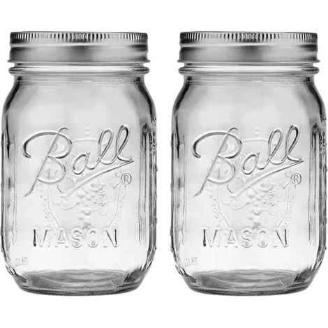 Ball, bocaux Mason en verre avec couvercles et anneaux, large ouverture, transparents, 473 ml (16 oz), lot de 2 (2 bocaux individuels)