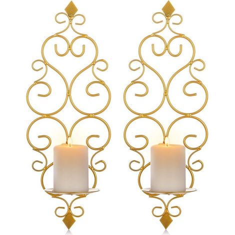 Lot de 2 Bougeoirs Photophore Chandelier Porte Bougie Mural Murale Muraux en Métal, Bougeoir pour Mur Chambre Salle de Bains Salon Decoration, Or- (1/5)