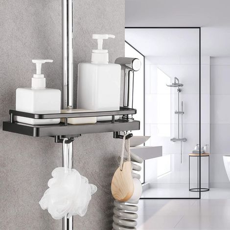Étagère de douche Étagère de douche télescopique Aucun perçage requis Convient à un rail de 24-25 mm avec deux crochets et un crochet de pommeau de douche 30 12 6,5 cm Noir (1/4)