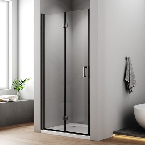 Duschtür Nischentür 75 x 195 cm Schwarzer Falttür Duschabtrennung Duschkabine Falttür Nische Drehfalttür Dusche 6mm NANO ESG Glas Faltbar Duschwand (1/5)