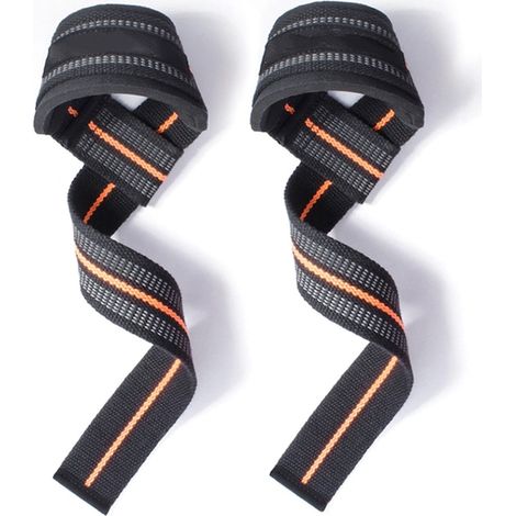 Set de 2 sangles de musculation, tissu polyester coton noir et orange, poignées pour soulevé de terre et haltères (1/5)