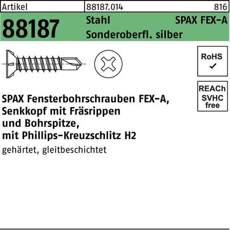 Spax FEX-A Vis à percer pour fenêtre 3,9 x 32 mm tête fraisée cruciforme H filetage grossier pointe de forage titane argent A3J 1000 pièces