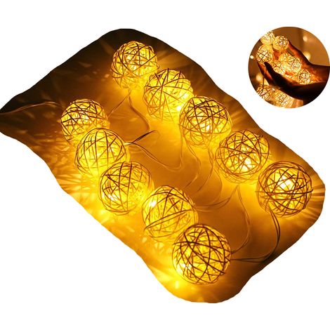 Guirlande lumineuse à piles, 5 mètres de long et 40 mètres de large. Boules sphériques en rotin, idéales pour décorer chambres (1/5)