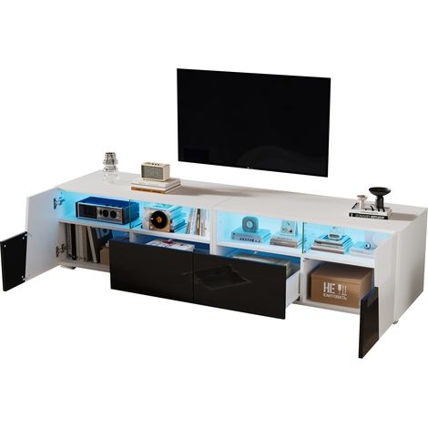 Mobile TV 180x38.5x45 cm con LED, per TV 80 Pollici, 2 Cassetti, 2 Ante, Ripiani Aperti, Finitura MDF, Bianco, per Soggiorno (1/5)