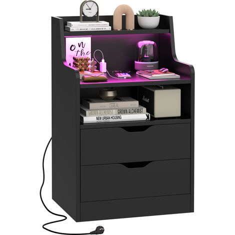 Haloyo® Set di 1 comodini 3 cassetti, comodino, prese CA, decorazione in legno, per soggiorno, camera da letto, ufficio, 45x35x72,5 cm, nero (1/5)