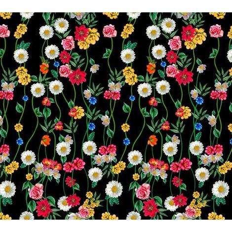 Tela decorativa Oxford para exteriores - Motivo de flores silvestres sobre fondo negro I DR125 (1/5)