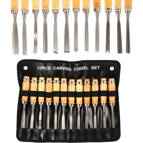 EASYCOMFORT Lot de ux à Bois Professionnelle, Outil de Travail du Bois de Menuiserie Éraflures Outil de Burin à Main avec Poignées en Bois et Étui de Rangement (lot de 12 pièces) (1/5)