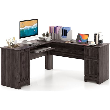 COSTWAY L-Shaped Corner Computer Desk Home Office Study Workstation w/ Cabinet & Drawers (1/5)