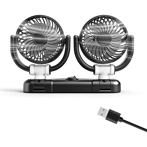 Ventilateur de voiture 5 V USB double tête Portable Rotation à 360° Double tête 2 vitesses Faible bruit Pour camion, camionnette, SUV, RV (1/5)