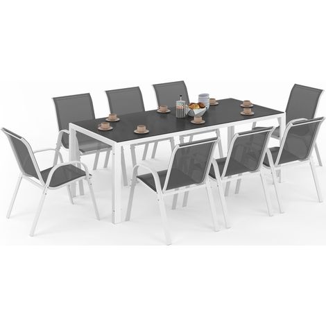 Idmarket – Ensemble table et 8 chaises de jardin – Table 190 cm en verre trempé gris anthracite – Chaises empilables en textilène blanc – Structure en acier robuste