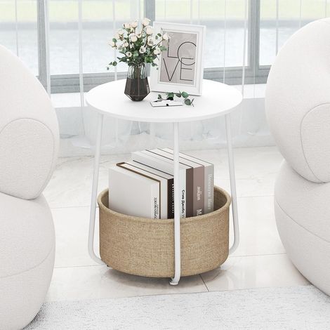 Costway – Table basse ronde avec panier en tissu – Cadre métal robuste – Dimensions 45x45x50,5 cm – Design moderne pour salon et chambre – Blanc (1/5)
