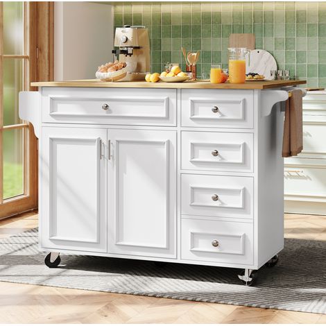 Isla de cocina rodante plegable 110 x 75 x 92 cm, MDF y metal, blanca DESVIAE (1/5)