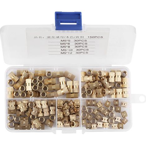 Kit d'assortiment de 150 écrous cylindriques moletés en laiton M5, écrous filetés à insérer, écrous encastrés (1/5)