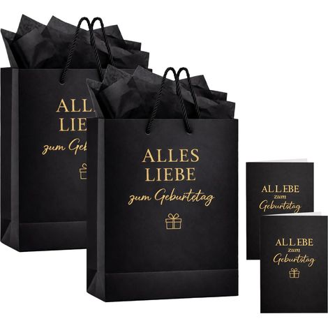 Sacs Cadeaux Anniversaire Noir Or Lot 2 Sac Cadeau Anniversaire Sac Papier Cadeau Anniversaire Emballage Cadeau avec Carte Papier de Soie 26x22x10cm (1/5)