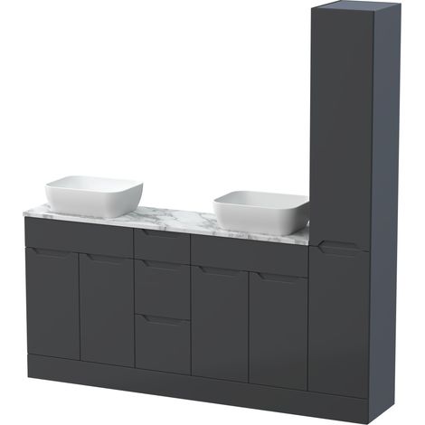 Teddesley Floor Standing 4 Door 3 Drawer Vanity Combination Unit with Tall Unit, Worktop and Countertop Vessel, 1800mm, Dark Grey (1/4)