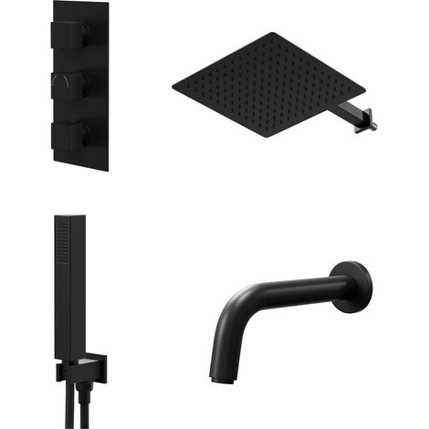Colore Square Matt Black Concealed Triple Thermostatic Shower Valve with Diverter and 300mm Fixed Head with 345mm Wall Arm and Outlet Holder with Kit And Bath Spout - 3 Outlet