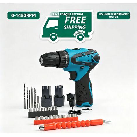 Komplett Set Akku Bohrmaschine 12V Hochleistungs-Motor mit LED Beleuchtung, Bohrbits Schraubbites Steckschlüsselaufsätze flexibler Wellenadapter für alle Heimreparaturen (1/5)