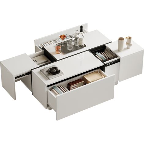 Couchtisch mit 4 Schubladen und Schiebefunktion Sofatisch mit Stauraum Hochglanzplatte Modern 100 × 60 × 40 cm Weiß (1/5)