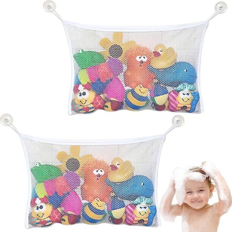 Lot de 2 Filet Jouet Bain, Rangement Jouet Bain avec 2 Ventouses Fortes, Sac de Rangement en Maille pour Salle de Bain Bébé, Organisateur de Jouets de Bain Enfant, Grande Taille 34x45cm (1/5)