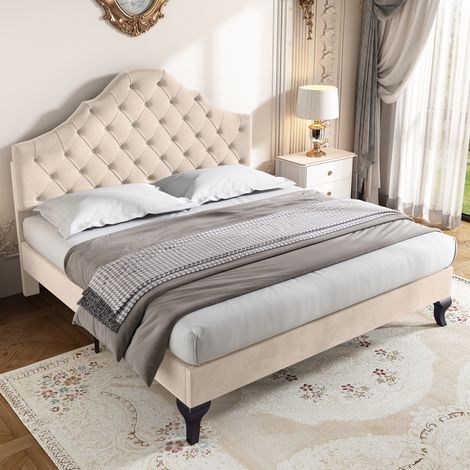 Beige Velvet Upholstered Double Bed – 135x190cm with Adjustable Headboard & Wooden Slats Youth/Teen Bed Easy Assembly