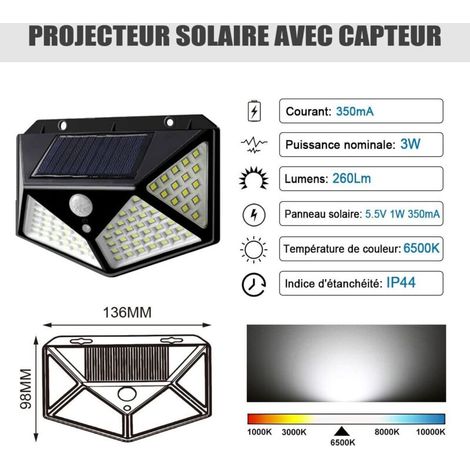 Luces solares exteriores SJLERST de 100 LED, con sensor de movimiento, resistentes al agua, luz de seguridad inalámbrica para jardín, paquete de 4 (1/3)