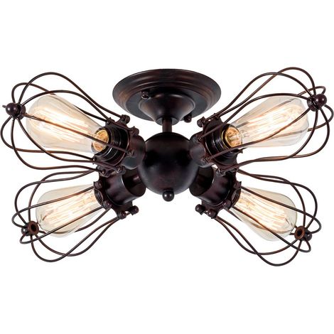 Plafonnier industriel à douille ajustable Lampe à cage métallique à culot métallique à montage semi-encastré Plafonnier rustique en métal sans ampoule avec 4 ampoules rouille (1/5)