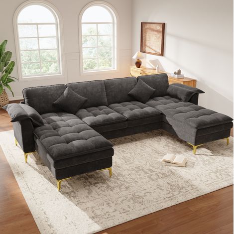 U‑förmiges Ecksofa, 4‑Sitzer Moduldesign mit Cloud‑Optik und doppellagigen Schaumkissen, inkl. 2 Chaiselongues,2 Kissen, goldene Metallfüße, Chenille‑Bezug, geeignet für Wohnzimmer/Schlafzimme, Grey. (1/5)