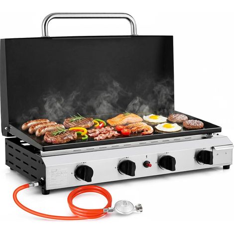 Tischgasgrill mit 4 Edelstahl-Brenner 9.6KW,Tischgrill mit Deckel,Campinggrill Keramische Lackbeschichtung Grillplatte,Balkongrill für Familien,Gartenpartys,Feiern (1/5)