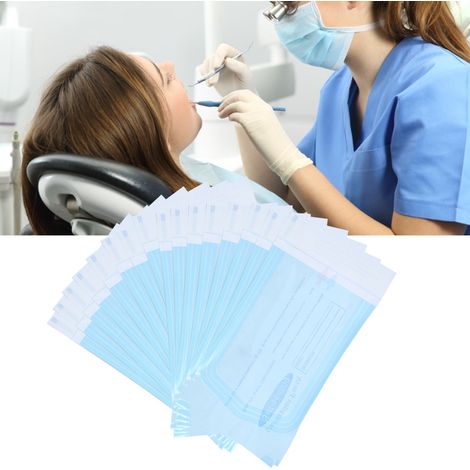 200 selbstklebende Beutel für zahnärztliches Zubehör, PVC-Beutel, transparente Folie, blau, zur Sterilisation (90 x 165 mm) (1/5)