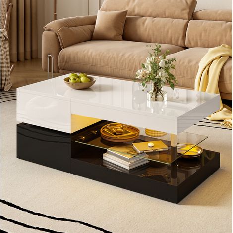Tavolino con LED e ripiano in vetro, finitura lucida nero/bianco 90x45x35,5 cm DESVIAE (1/5)