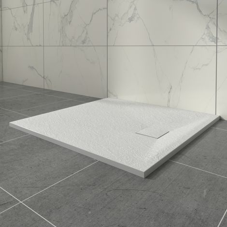 Aquariss White Square Shower Tray with Waste Trap Slate Effect Slip-Resistant Cubicle Base for Bathroom 900x900mm