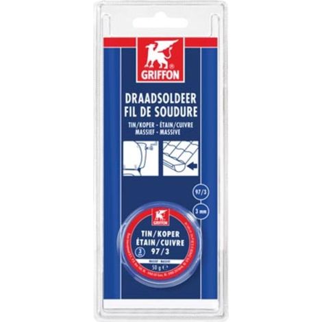 Griffon Fil à souder étain cuivre 97 3, 3 mm, 50 g, fil de soudure massif, pour soudure tendre du métal et des tubes cuivre, bobine d'étain, joint solide, usage professionnel, 110 C (1/2)