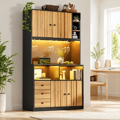 Küchenschrank 180 cm mit LED, Steckdose, Flaschenregal und Vitrine, MDF Schwarz/Natur, OKWISH (1/5)