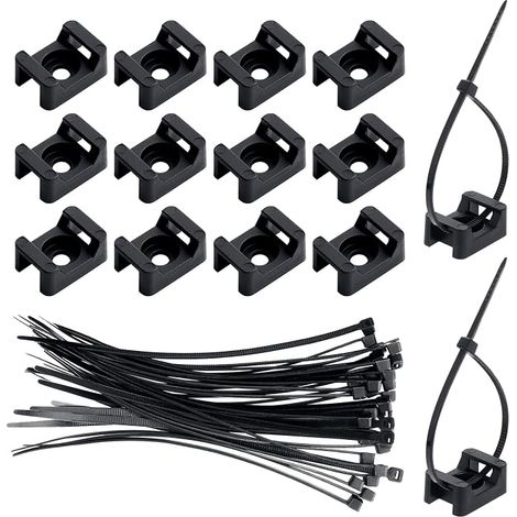 Confezione da 150 fascette fermacavi, base di montaggio nera con 150 fascette in nylon nere. (1/5)