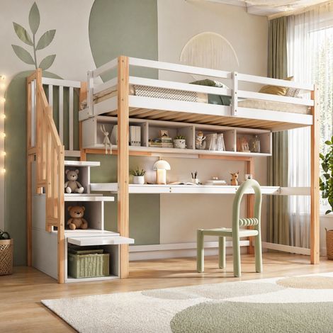 Kinderhochbett 90x200 cm Weiß und Eiche aus Massivholz und MDF mit Schreibtisch, Stauraum und Leiter (1/5)
