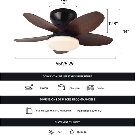 Ventilateur plafond design 25 pouces avec éclairage LED, moteur réversible silencieux, télécommande, intensité variable, Bois Noyer Noir (1/3)