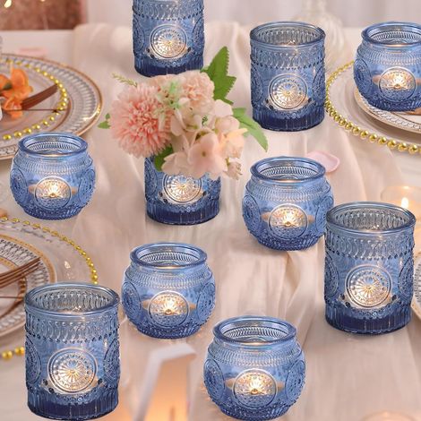 Lot de 12 Bougeoirs pour Bougies Chauffe-Plat en Verre Transparent, Bougeoirs Vintage pour Centre de Table, Maison, Douche de Mariée, Anniversaire, Décoration de Table de Fête (12, Bleu) (1/5)