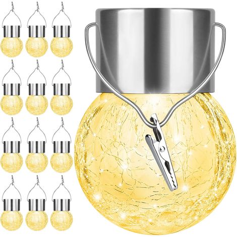 12PCS lampes solaires d'extérieur à suspendre,Fonctionne à l'énergie solaire en forme de boule de verre craquelé étanche à l'eau,blanc chaud (1/5)