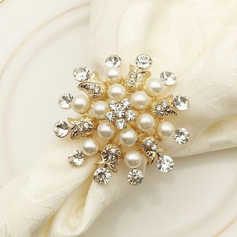 Lot de 12 ronds de serviette en strass et perles pour mariage, maison, cuisine, table à manger, accessoires (doré) (1/5)