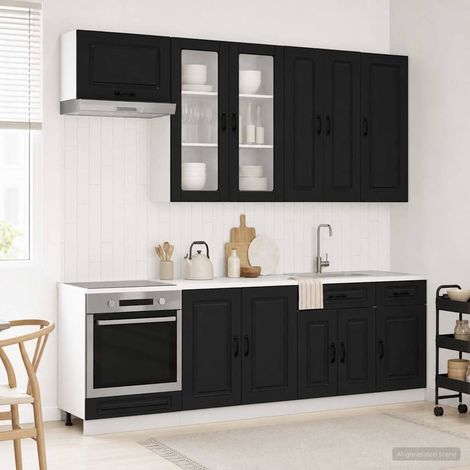vidaXL Unité de cuisine KALMAR 8 pc Noir Bois d'ingénierie (1/5)