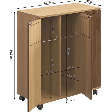 Armoire à déchets 3 bacs, meuble de cuisine roulant aspect chêne, placard de tri avec 3 portes et roulettes, pour cuisine et salle à manger, 69,3x35x80,3 cm (1/5)