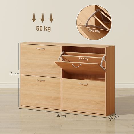 Meuble à chaussures étroit à 4 portes et étagères réglables pour 16 à 24 paires de chaussures, 120 x 24 x 81 cm, naturel (1/5)
