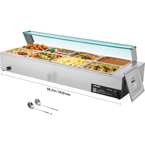 Chauffe-Plat Électrique à Vapeur 1700 W, Buffet Chauffant en Inox, Bain-marie avec 8 Bacs de 1/2, Couvercle en Verre et Louches à Soupe et Perforées, pour Servir Buffet en Libre-Service (1/5)