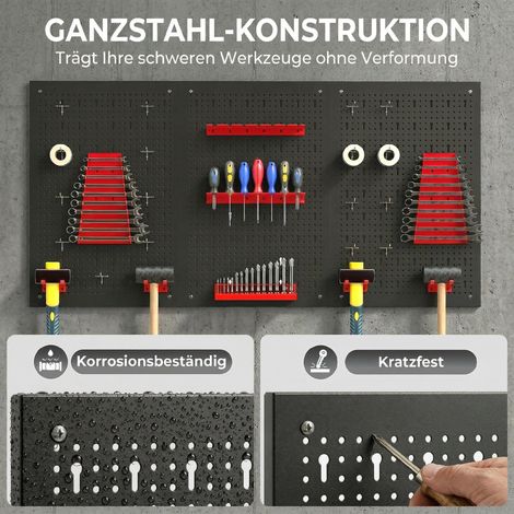 Wandmontiertes Aufbewahrungsregal, 60 x 40 cm, 28-teilig. Eimerregal mit Haken und Ablagefächern, Werkstattregal, schwarz und rot. (1/5)