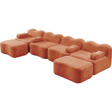 Divano modulare U 4 posti senza braccioli in velluto arancione con 2 pouf (1/5)